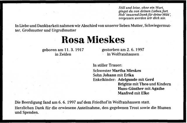 Mieskes Rosa 1917-1997 Todesanzeige